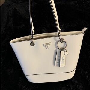 GUESS Structured White Leather Tote with Silver Hardware and keychain